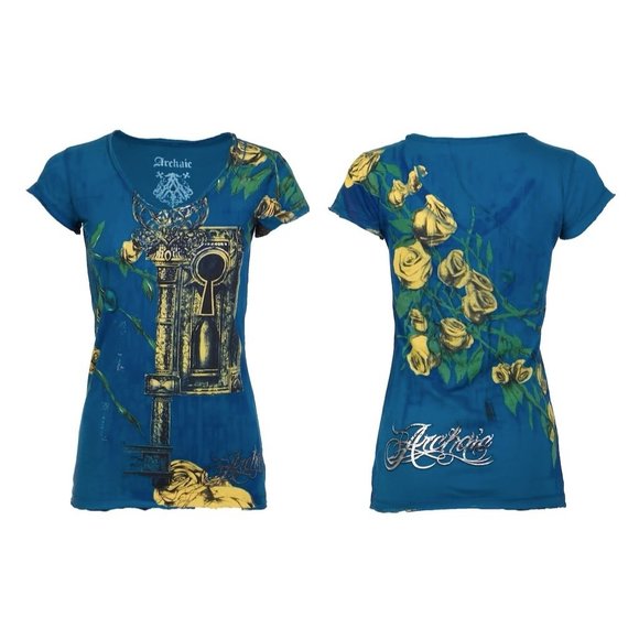 Affliction Tops - Archaic Affliction Women's T-Shirt Short Sleeve MY GIRL Tattoo Herat Biker Blue